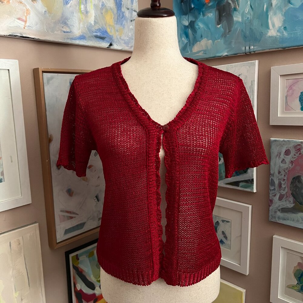 Sag Harbor Sweater Sz XS Petite Red One Button Short Sleeve Modest Classic